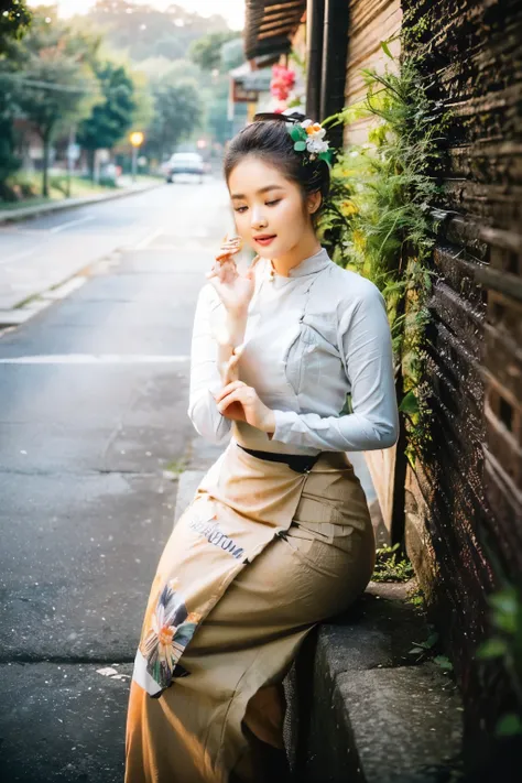 RAW photo, A little Asian woman with long hair is walk on street at night, wears a long Indonesian batik black skirt and a black Indonesian batik shirt, Indonesia batik with intricate design, Beautiful Body, acmm ss outfit, acmm long skirt, wearing acmm to...