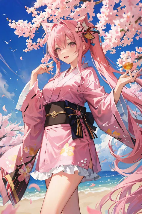 "anime girl, 1 person, pink hair, pink cat ears, pink eyes, kimono, cherry pink kimono, cherry blossom petal pattern on shirt, long stockings, big breasts, festival, New Years Eve fireworks, watching  fireworks, night, smiled shyly,solo, looking from diffe...