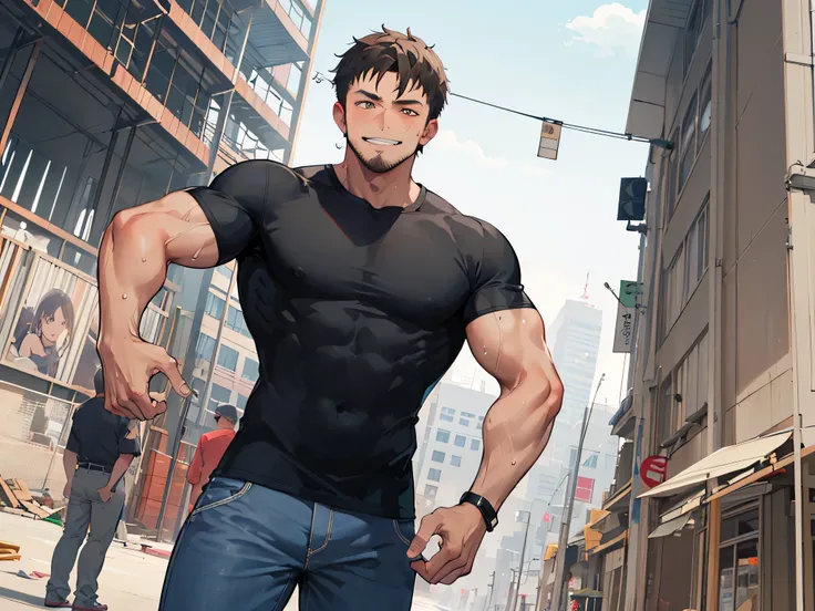 brown,tanned skin,uncle,50 age一people,solo,evil smile,people, ,muscle,macho, black shirt,,tanned skin,Sweat,constructionyardai,Construction site