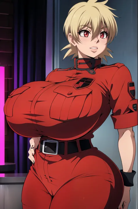 High resolution, Hellsing Ultimate art style, Seras Victoria, 1girl, ((bimbo))), short blond hair, red eyes, puffy lips, thick lips, wide hips, thick thighs, enormous round fake breast, huge ass, cute face, shy, girlfriend, blushing, tight police uniform, ...