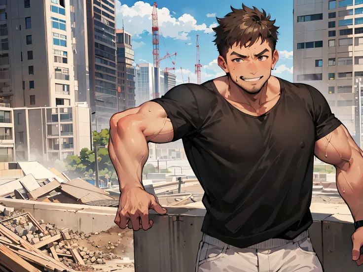 brown,tanned skin,uncle,50 age一people,solo,evil smile,people, ,muscle,macho, black shirt,,tanned skin,Sweat,constructionyardai,Construction site