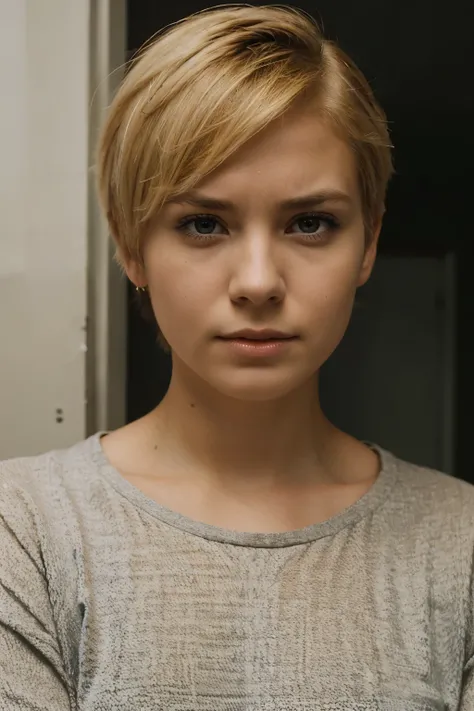 self confident young woman with short blond hair is upset