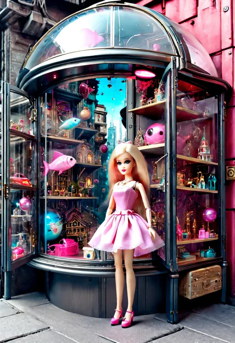 （barbie doll toy store window display in cyberpunk style glass display cabinet on street corner of futuristic city with fish eye...