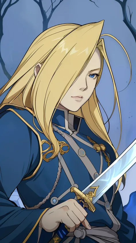 anime character with blonde hair holding a sword in a blue room, inspired by li chevalier, final fantasy tactics character, char...