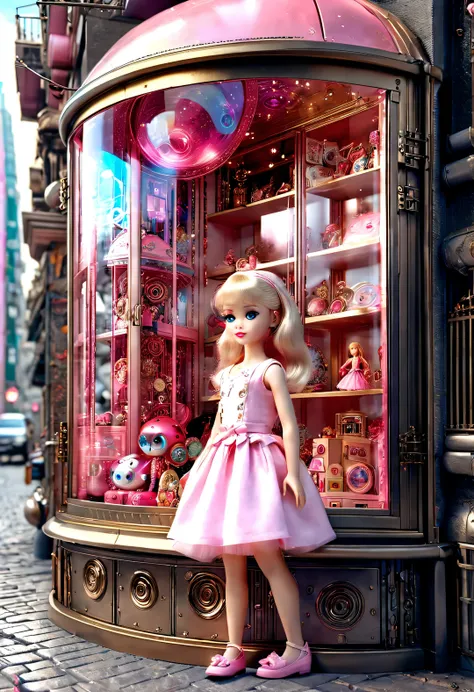 （a little girl  looking at the barbie doll toy store window in a cyberpunk style glass display case on a street corner in a futu...