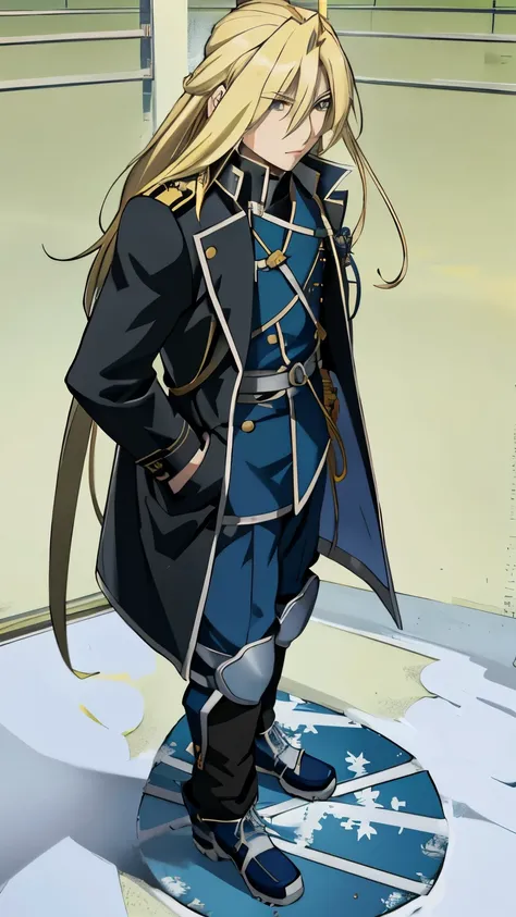 anime character with long blonde hair and blue coat standing on a snowboard, masamune shiro, shirow masamune, hijikata toushirou...