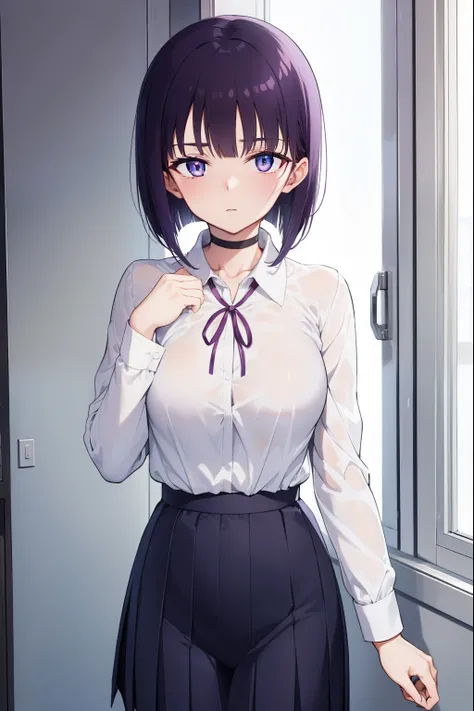 miyabisenpai, miyabi senpai, short hair, bangs, purple hair, (purple eyes:1.1),
BREAK skirt, shirt, long sleeves, ribbon, school uniform, pleated skirt, choker, collared shirt, neck ribbon, black choker,
BREAK indoors, classroom,
BREAK looking at viewer, (...