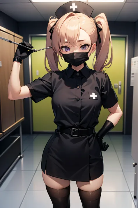 black nurse, 1 girl, alone, black nurse cap, Black Wear, ((black legwear, zettai ryouiki)), black elbow gloves, twin tails, yellow hair, purple eyes, ((Black surgical mask, Covered nose)), Are standing, ((operating room)), sharp outline, short sleeve, high...