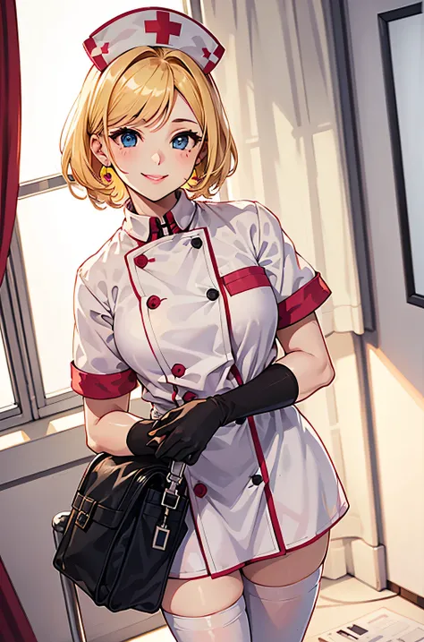 1 female, alone, nurse, nurse cap, Whiteware, ((white legwear, zettai ryouiki)), white gloves, blonde hair, blue eyes, pink lips, smile, Are standing, ((hospital room)), sharp outline, short sleeve, mature woman, 35 years old, highest quality, masterpiece