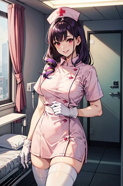 1 female, alone, nurse, nurse cap, Whiteware, ((white legwear, zettai ryouiki)), white gloves, long hair, purple hair, red eyes, pink lips, smile, Are standing, ((hospital room)), sharp outline, short sleeve, mature woman, 35 years old, highest quality, ma...