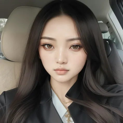 um close up de uma mulher com longos cabelos pretos e uma jaqueta preta, beautiful south mulher coreana, gorgeous young mulher coreana, Menina coreana, beautiful young mulher coreana, Ulzzang, cruel korean goth girl, mulher coreana, Xisionwu, asian face, K...