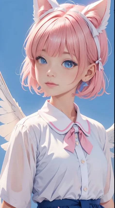 skistyle, 1girl, solo, pink hair, animal ears, blue eyes, wings, looking at viewer, mole, bangs, short hair, bow, sailor collar,  background, white sailor collar, mole under mouth, hair bow, pink bow, closed mouth, shirt, white shirt, bear ears, bob cut, m...