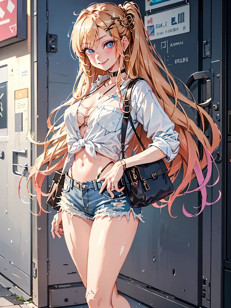 best quality,ultra-detailed,high resolution,extremely detailed cg,anime picture,unity 8k wallpaper,
blond hair,blue eyes,long hair,ripped shorts,white shirt,purse,navel,looking at viewer,hair ornament,smile,pov doorway,denim,x hair ornament,cyberpunk,