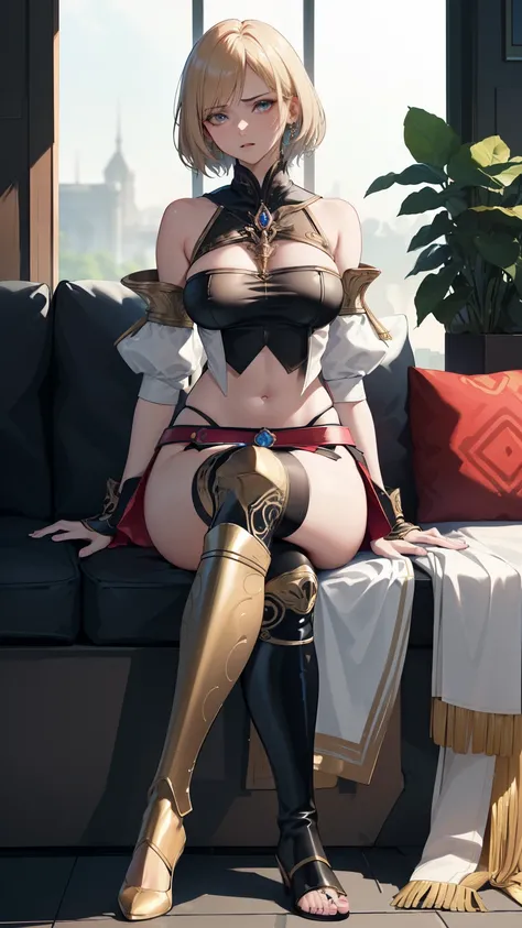 (golden ratio,muste piece, top quality, best quality, beautiful and aesthetic:1.2), very detailed, colorful,best details, (adult,19 years old,1 girl,  Final Fantasy 12,Ashelia, short hair, short hair,Asheliaコスチューム, huge boobs, mini skirt,thigh high boots, ...