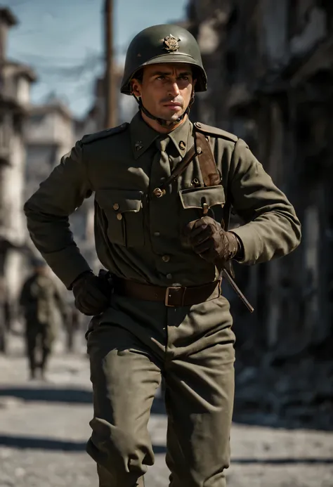 soldado americano da segunda guerra mundial, com uniforme de 1993, with arms crossed, on a street with realistically destroyed houses and buildings in the style of 1943, 4k, complete in high definition