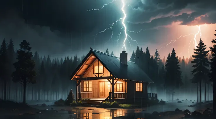 Illustration of a heavy rain with lightning hitting a wooden house in a pine forest