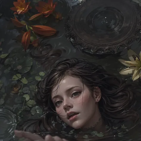 Base Layer: A Victorian-era room at twilight, shadows cast by the fading light through lace curtains, BREAK
Middle Layer: A girl with pale skin, her face half-submerged in a pond covered with lily pads and petals, eyes reflecting a haunting emptiness, BREA...