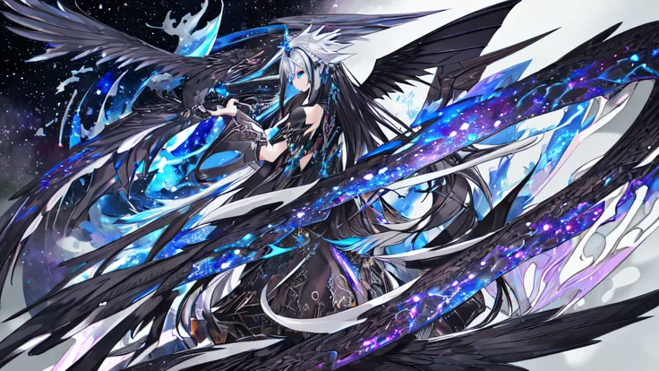 1 schwarzer Drache, blaue Augen, silbernes langes Haar, Universe color wings, Skala, Universe color wings on the back