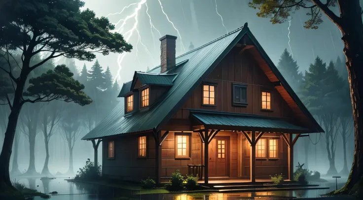 Illustration of a heavy rain with lightning hitting a wooden house in the forest with many trees around