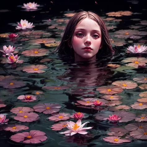 Base Layer: A Victorian-era room at twilight, shadows cast by the fading light through lace curtains, BREAK
Middle Layer: A girl with pale skin, her face half-submerged in a pond covered with lily pads and petals, eyes reflecting a haunting emptiness, BREA...