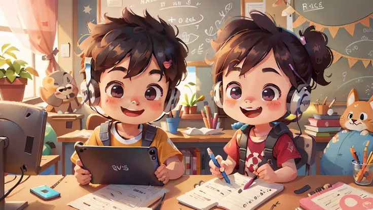 high detal、male child、Smiling child, nffsw ,, head phone, Tablet Learning、Draw on your tablet, livestream、Monitor Teacher、Artwork in the background