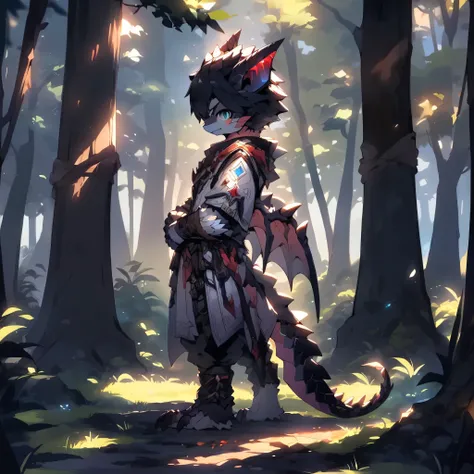 ((best quality, masterpiece:1.2), Super detailed, perfect anatomy, Shota Nagakoga, flying dragon, monster hunter, assassin, standing in the shadows, (alone), alone, chiaroscuro, dark, dense woods, trees, plant, tall grass, rock, moss, block sunlight, dark ...