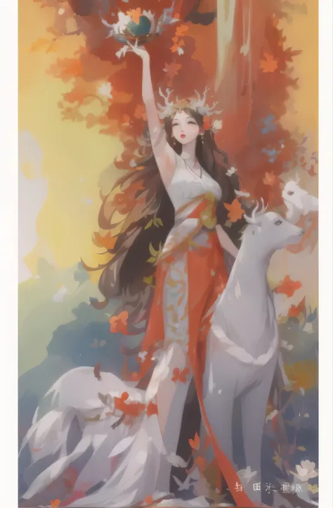 one wearing a skirt、the goddess whose arms can only be stretched out，there  a white deer beside me，, the goddess of autumn harve...