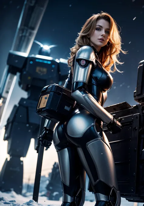 Movie Light,  full body, An ultra hot gorgeous European woman, age 23, light ginger hair. shes a playmate, men magazine model. She has a subtle smile and flirts with the camera, slim body. ((she stands in front of an industrial mecha robot)). In a snowy la...