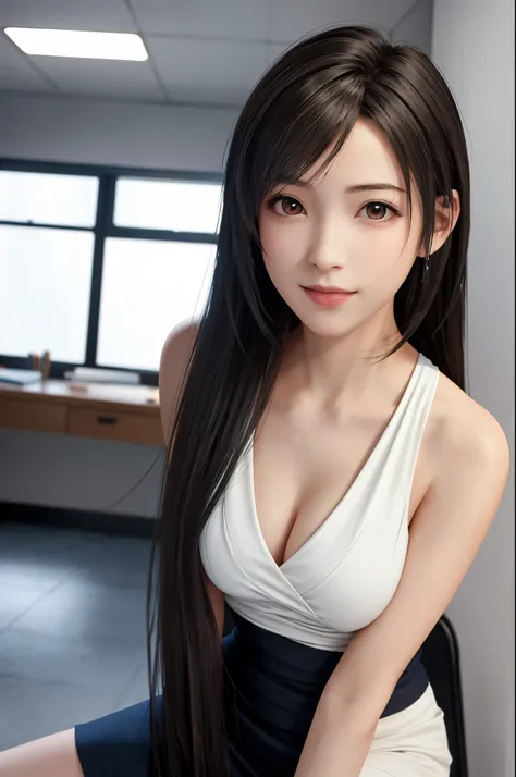 (top quality, masutepiece: 1.1), (Realistic: 1.3), BREAK (((FF7,Tifa_lockhart))),(solo,Tifa:1.2),(japanese ,Strong-minded woman,Office Suits) ,(office,sitting chair, indoor),(sexy pose:1.2),Ultra-detailed face, Detailed eyes,Red eyes, BREAK (((FF7,Tifa_loc...