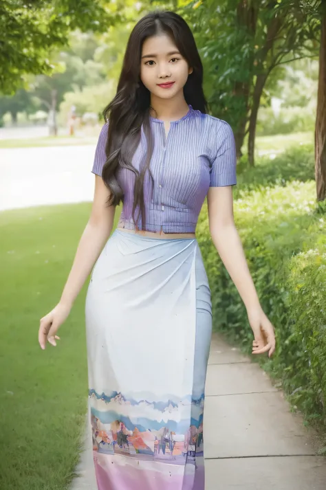 Create Myanmar girl realistic, at the university, acmm ss outfit, wearing acmm top, light purple acmm top, short sleeves, buttons, wearing acmm long skirt, white and pink with printed acmm long skirt