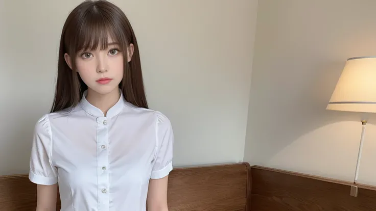 white pants, best quality, a girl, (Beautiful girl:1.3), (16 years old:1.2), very fine definition, (symmetrical eyes:1.3), (maid outfit, (Cute transparent clothes beautiful, brown eyes, parted bangs, brown hair