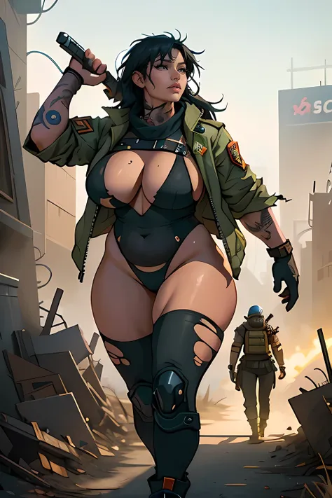 (((tattoos))), ((dark skin)) ((chubby physique)), long flowing hair, woman walking with determination, torn post-apocalyptic military ripped uniform, combat jacket with ripped holes, combat-leotard tights with ripped holes, (wearing weapons and explosives)...