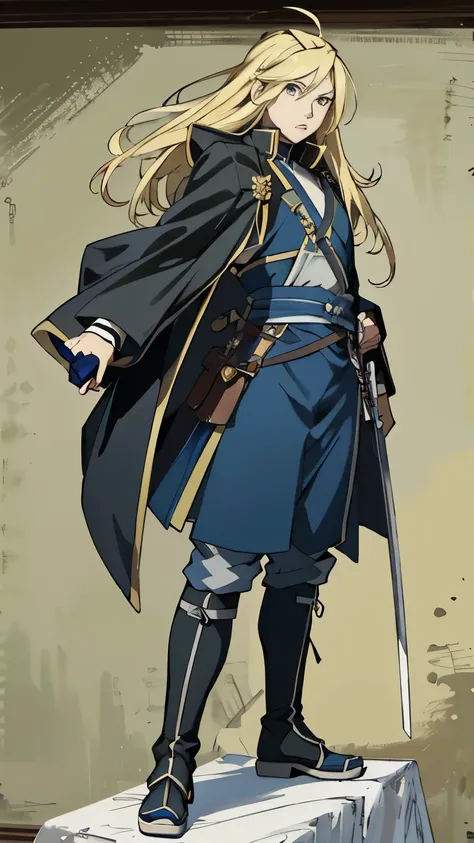 anime character with long blonde hair and blue outfit standing on a platform, masamune shiro, official character art, lucina fro...