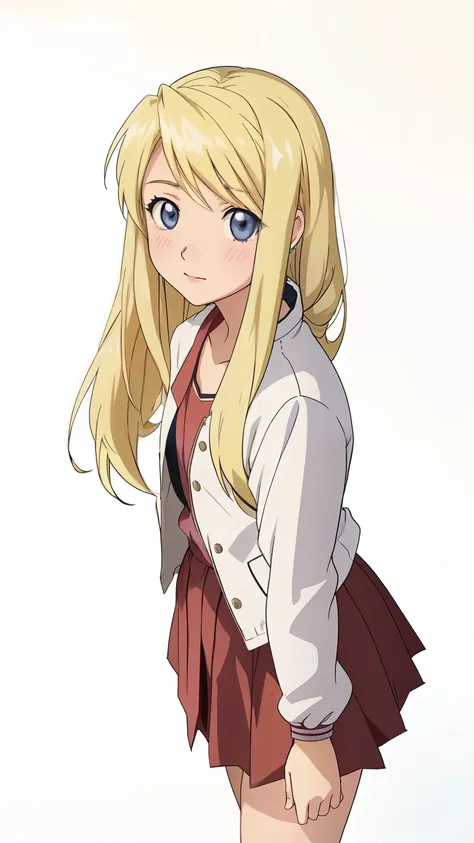 a close up of a person with a skirt and jacket, anime girl named lucy, blonde anime girl with long hair, pretty anime girl, an a...