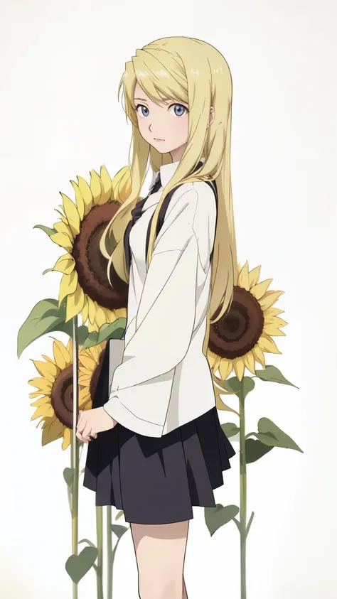 anime girl with sunflowers in the background, beautiful sunflower anime girl, anime girl named lucy, blonde anime girl with long...