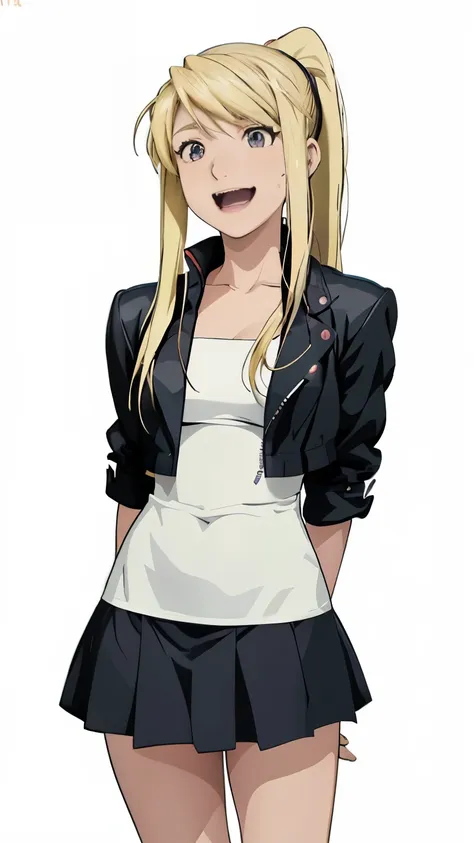 a woman in a short skirt and jacket  laughing, anime girl named lucy, junko enoshima, rena nounen style 3/4, marisa kirisame, as an anime character, anime best girl, rei hiroe, yuruyuri, female anime character, anime character, kirisame marisa, an anime gi...