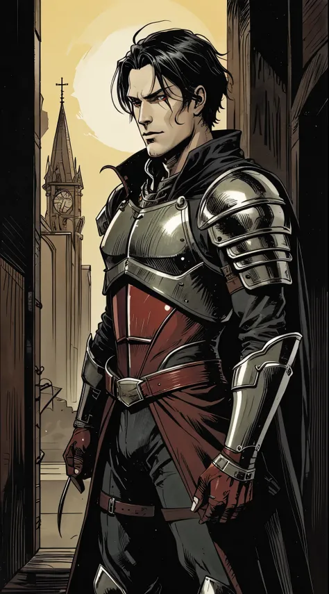  man, red glowing eyes, black hair, pale skin, black gold armor,,,vampire king,, fantasy dark souls world, fighting with, vampire Hunter,red knight armor