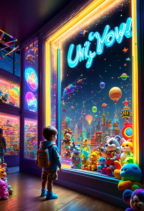 art by mooncryptowow, Interesting window display of Toy store，Creative window display，Display of several exquisite toys, Global illumination, Particle tracing, neon lights, (masterpiece, Representative work, official art, Professional, unity 8k wallpaper:1...