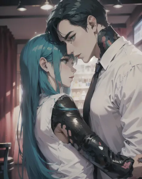 hay un hombre y una mujer (hatsune miku) uno al lado del otro en un bar, retrato, jinyoung shin, artista coreano, retrato de alt...