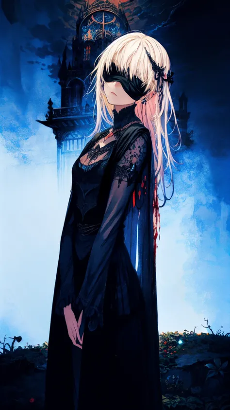 Base layer: A spooky basement with a highly complex fractal background based on mystical symbolism, BREAK 
Middle layer: A girl wearing a bloody white gothic dress, super long blonde hair and blunt bangs, BREAK 
Foreground layer: Blindfolded with a black c...