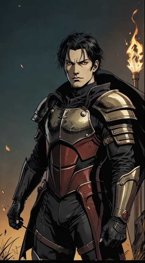  man, red glowing eyes, black hair, pale skin, black gold armor,,,vampire king,, fantasy dark souls world, fighting with, vampire Hunter,red knight armor