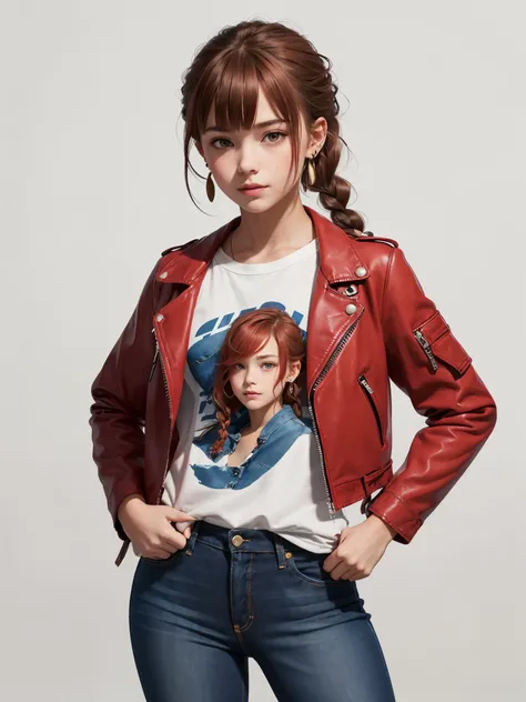 1girl, (13yo, cute:1.3), Stylish, Red leather jacket, graphic tee, dark jeans, flame shaped earrings, fiery red hair, flowing layered hairs, bangs, two small braids, confident pose, one hand on hip, calm and approachable expression, radiating warmth and fr...