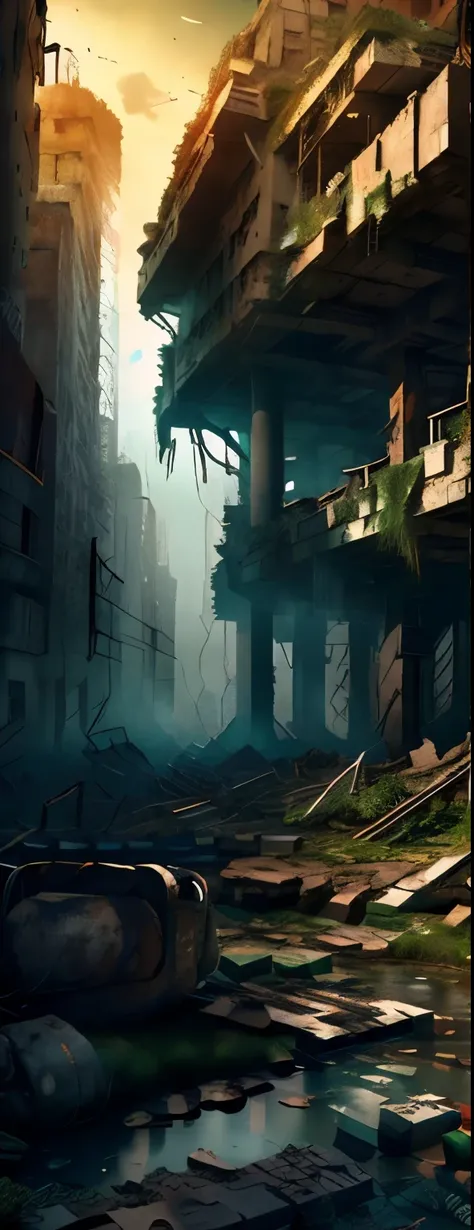((Point of View, camera angle contra diving, a city in ruins with a destroyed building in the background)), in a post apocalyptic setting, ((apocalyptic)) 8k, pintura fosca em preto e branco, futuro distopina, destroyed city in the background, em uma paisa...