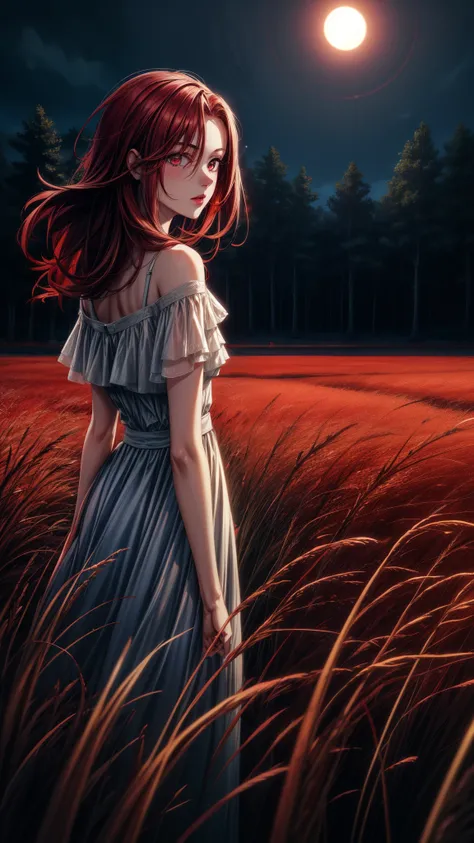 1girl, red grass field, night, moonlight, one tree, red hair, red eyes, from back, looking at viewer, fireflies, particles, fantasy, masterpiece,