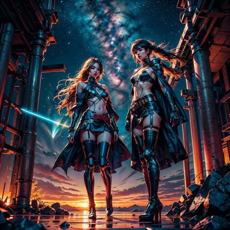 Epic (((Galaxy stars Nebula Spacious Sunrise evening_glow distant_view Sunset rich_colors colorful wide-angle_lens shooting_evening positive_film naturalistic_style))) Mecha Urban Mech-Warrior Mecha_Gun Urban equirectangular deep path Heroe_suit mecha outf...