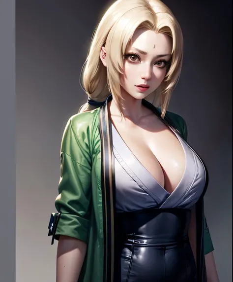 real Life adaption of this character,her name  Tsunade senju from anime naruto ,hyper realistic ,very realistic detailed yellow hair, high resolution, photorealistic,very detailed,short and revealing kimono, beautiful face,detailed shining eyes, longing ex...