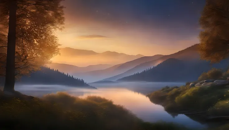 best quality,ultra-detailed,realistic landscape,masterpiece:1.2,night scene,forest silhouette,majestic mountains,calm and serene,peaceful ambiance,twinkling lights,subtle reflections,deep tranquility,soft color palette,subdued tones,dreamlike quality splen...