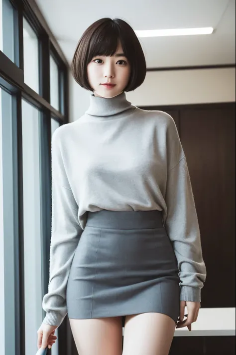 Japanese lady, pale skin, huge breasts, droopy eyes, smile 20 year old, bowl cut hair, gray Turtleneck sweater,black Pencil skirt, exasperated:1.8, high quality:1.3, shoot from below 2.0, Professional lighting:2.0 realistic:1.2, 4k resolution, detailed ski...