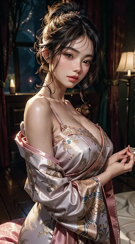 The art depicts a charming woman, 20 years old, Dressed in a flowing one, Silk traditional oriental clothing, pink, Decorated with intricate patterns and bright colors. Her dress elegantly covered her curvy figure, 凸显她charming的轮廓. She stood gracefully in t...