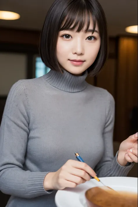 Japanese lady, pale skin, droopy eyes, smile 20 year old, bowl cut hair, gray Turtleneck sweater,black Pencil skirt, exasperated:1.8, high quality:1.3, shoot from below 2.0, Professional lighting:2.0 realistic:1.2, 4k resolution, detailed skin, masterpiece...